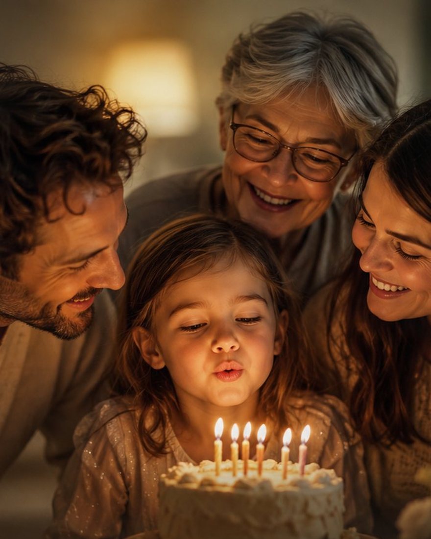 Uma menina soprando as velas do bolo, com o pai, a mãe e a avó em volta