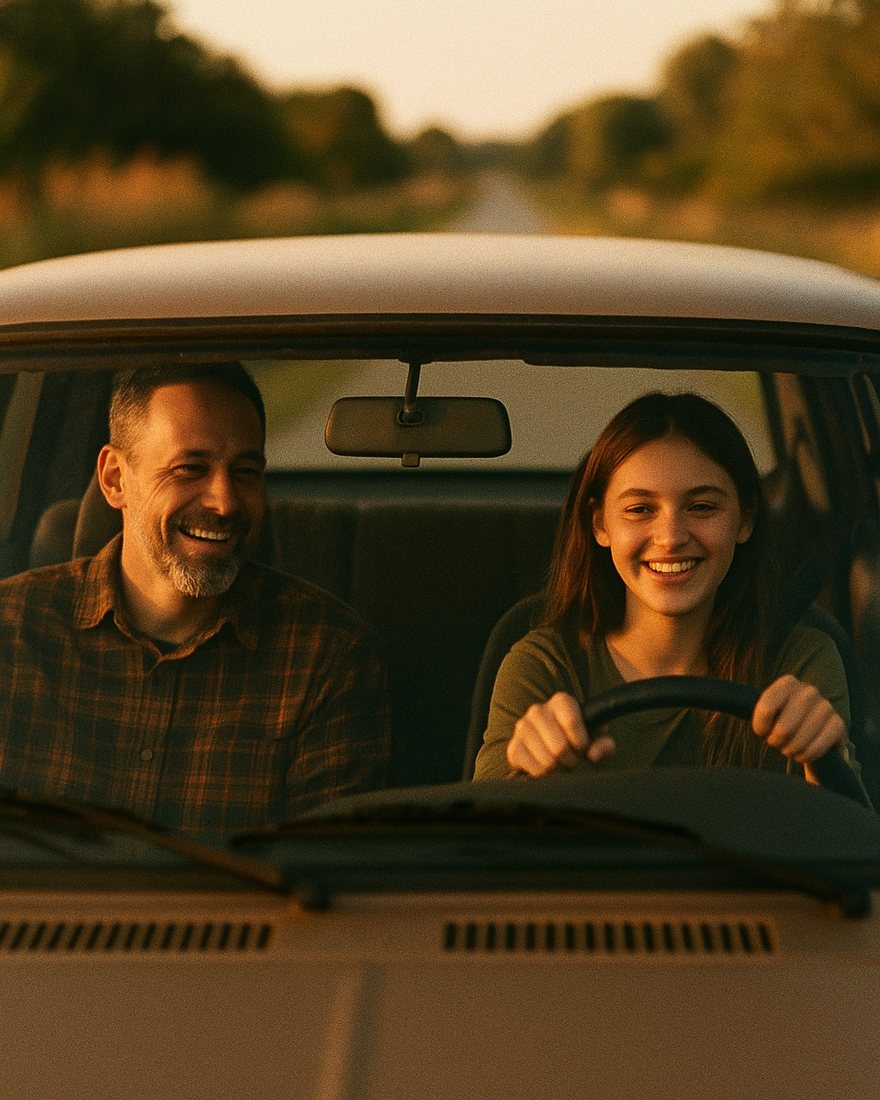 A father in a plaid shirt riding beside his teenage daughter as she drives down a country road at golden hour, both smiling through the windshield