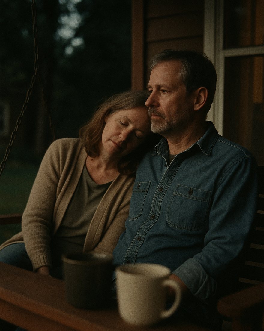 A couple in their fifties sitting close together on a wooden porch swing at dusk, her head resting on his shoulder, two coffee mugs on the table in front of them