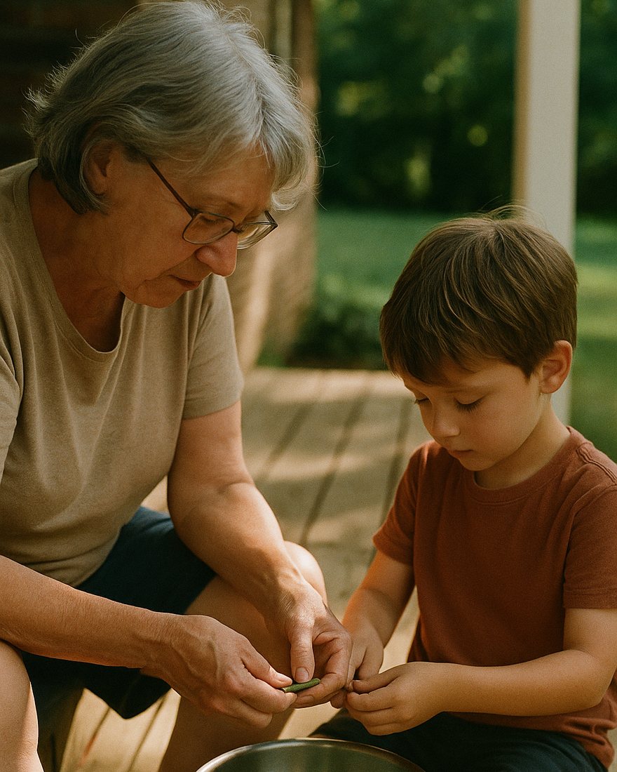 A grandmother in her seventies showing a little boy how to snap green beans on a back porch, a metal bowl between them, summer light