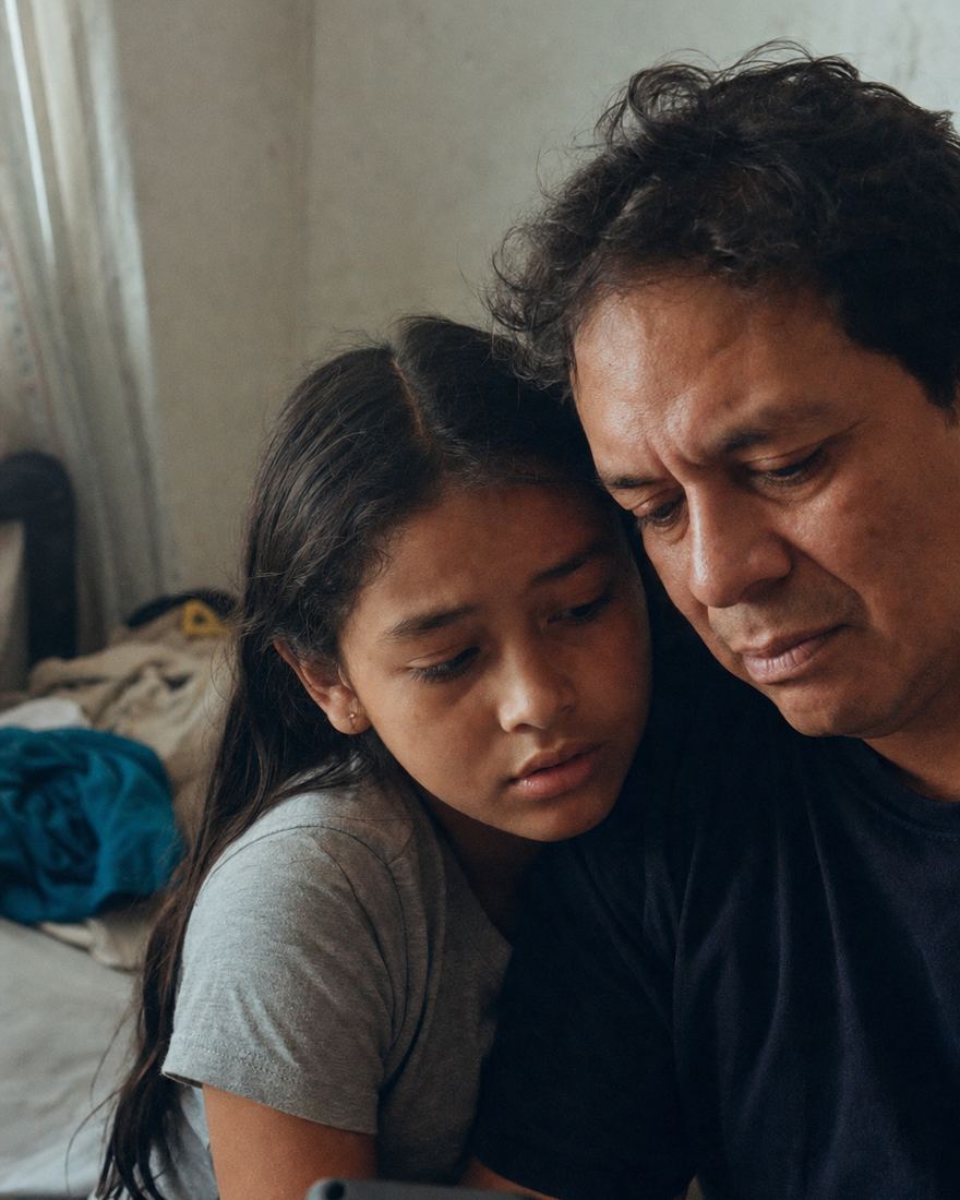 Un padre y su hija de diez años sentados juntos en la cama, mirando el celular; él contiene las lágrimas y ella lo nota