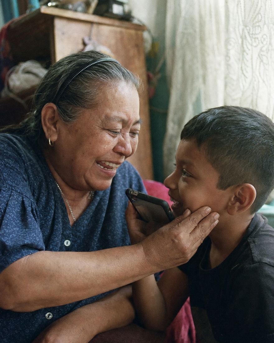 Una abuela con lágrimas en los ojos le acaricia la cara a su nieto, que le acerca el celular para que escuche