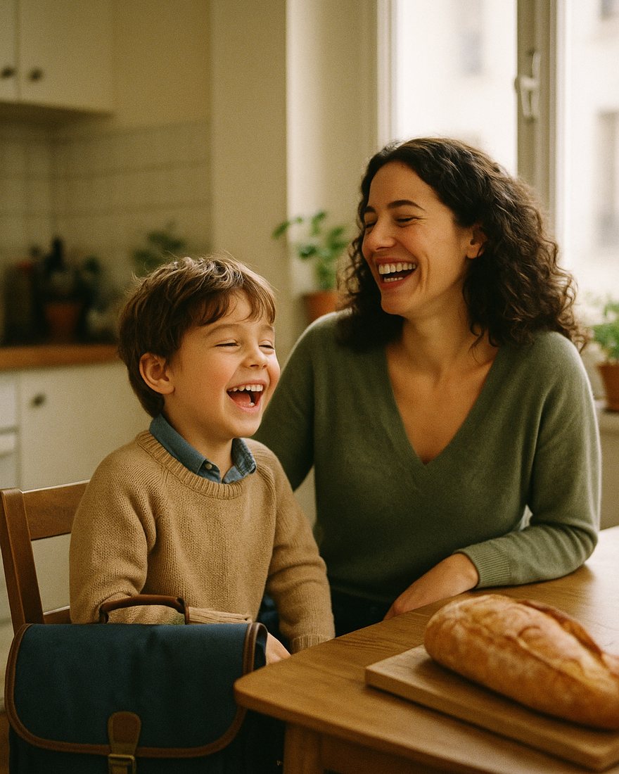 Une mère et son petit garçon rient ensemble dans une cuisine parisienne lumineuse, le cartable posé sur une chaise, du pain sur la table