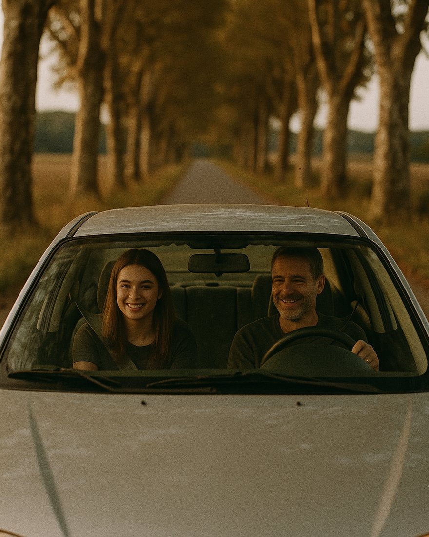 Un père apprend à sa fille adolescente à conduire sur une petite route de campagne bordée de platanes, tous les deux souriants derrière le pare-brise, lumière de fin d'après-midi