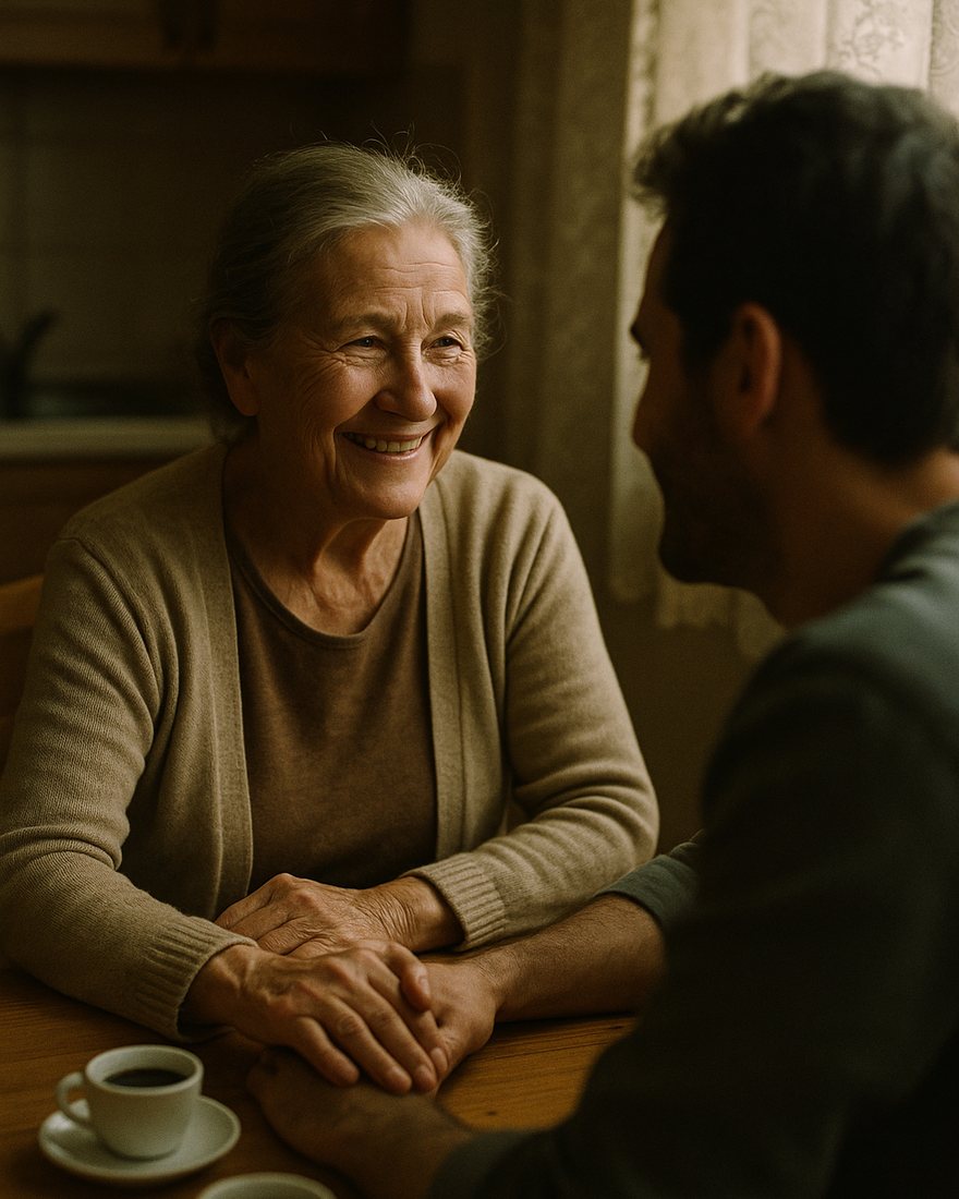 Una donna anziana di circa settantacinque anni sorride al figlio adulto seduti al tavolo di cucina, la mano di lui sulla sua, due tazzine di caffè, luce del pomeriggio attraverso una tenda di pizzo